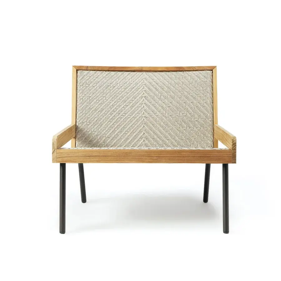 Exceptional Ethimo Allaperto lounge chair crafted in light to medium brown wood with woven herringbone textile and matte finish