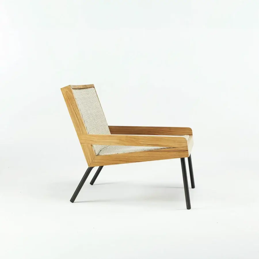 Sophisticated Ethimo Allaperto lounge chair in medium-brown wood with satin finish and off-white woven panels