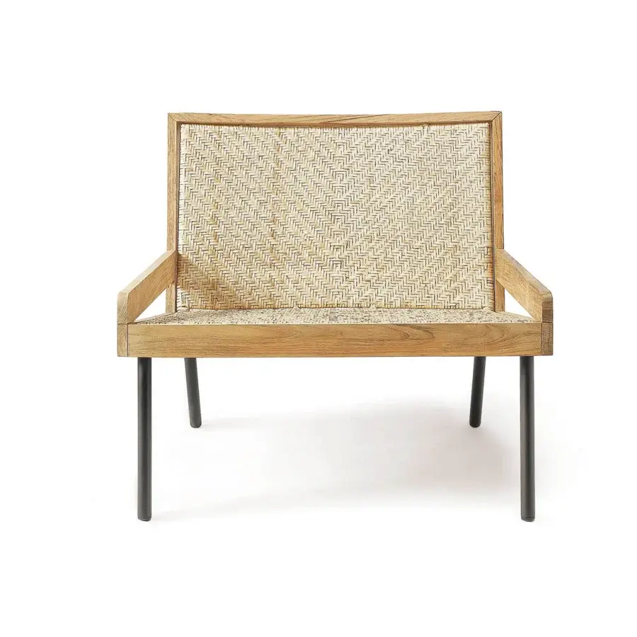 Distinguished Ethimo Allaperto lounge chair built with medium-toned wood and light-neutral woven textile with satin finish