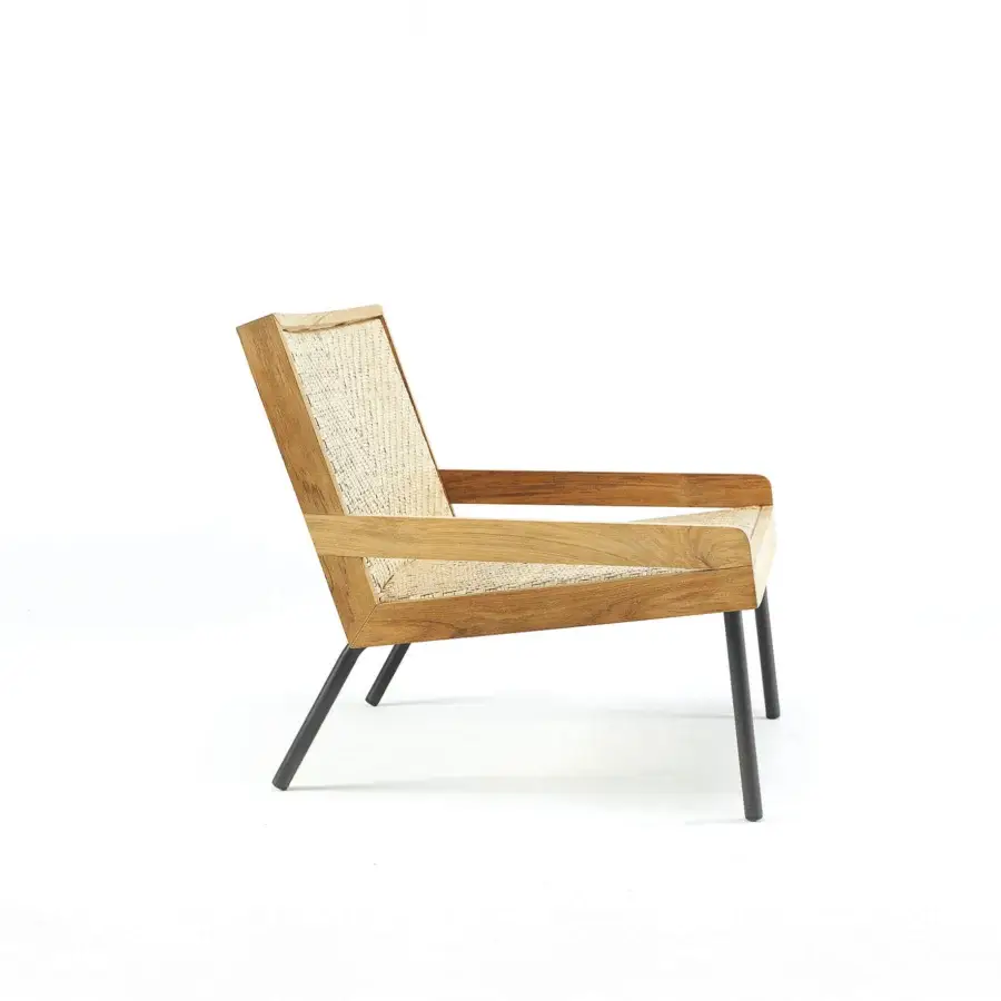 Sophisticated Ethimo Allaperto lounge chair crafted in medium-brown wood with a beige woven backrest and satin finish