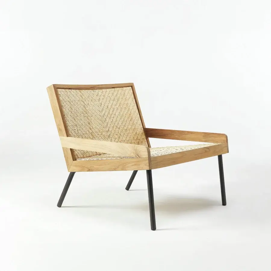 Exceptional Ethimo Allaperto lounge chair in medium-brown wood with sandy beige woven details and a satin finish