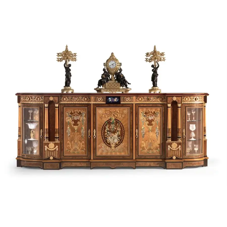 Lavish Armando Rho A1357 sideboard crafted in walnut Persian burl, cherry wood and amaranth with glossy marquetry detailing