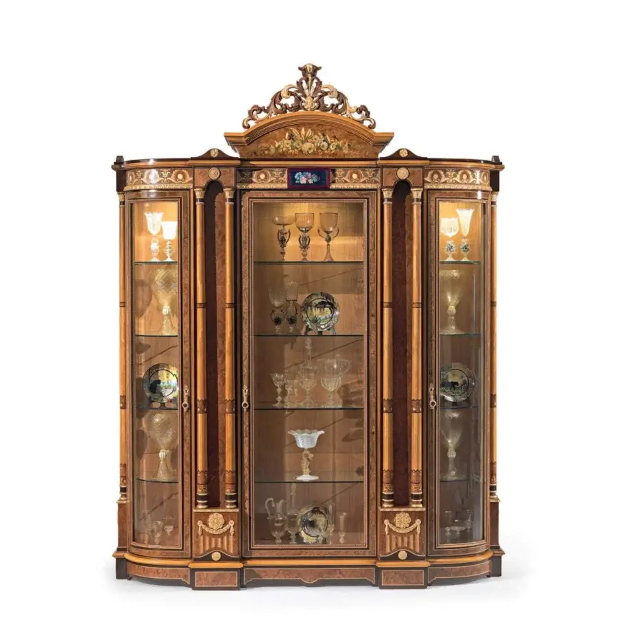 Distinguished Armando Rho A1358 cabinet built in walnut Persian burl, cherry wood and amaranth with transparent glass doors and delicate marqueterie