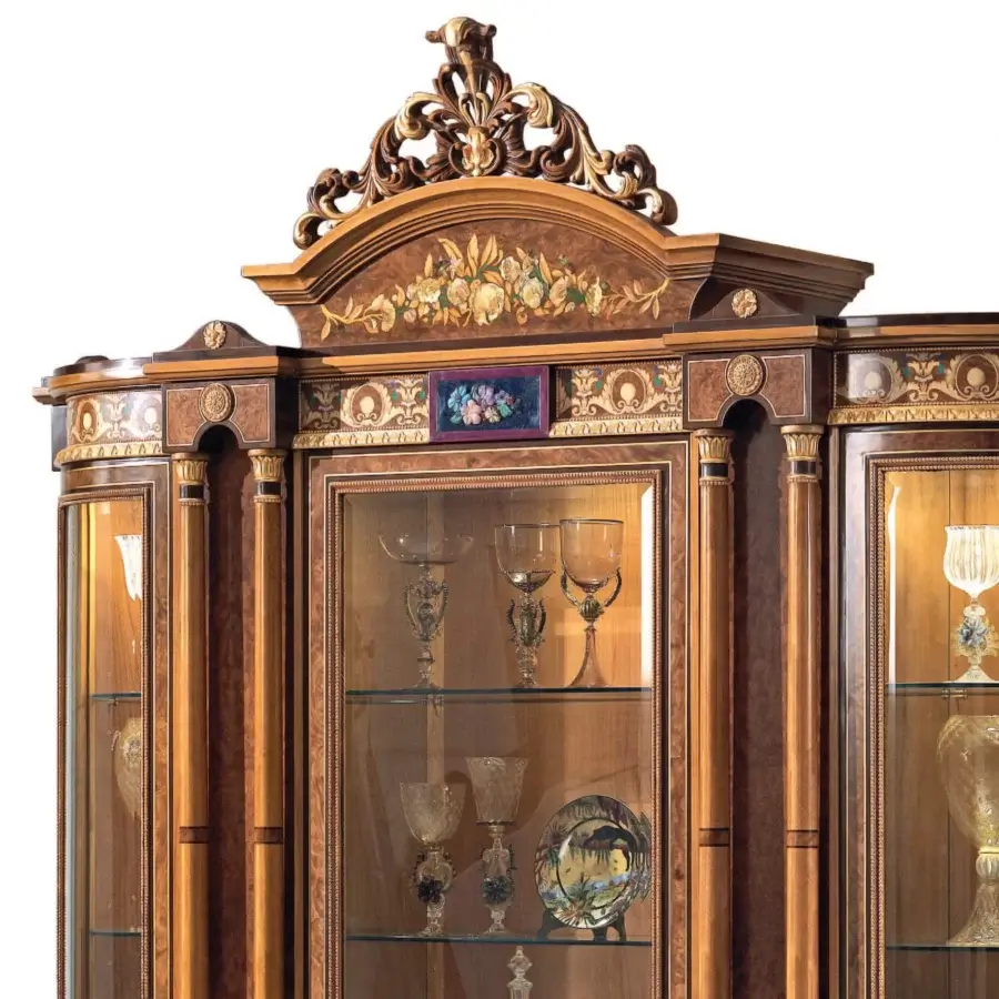 Superior Armando Rho A1358 cabinet crafted in walnut Persian burl, cherry wood and amaranth with glossy marqueterie and delicate inlays