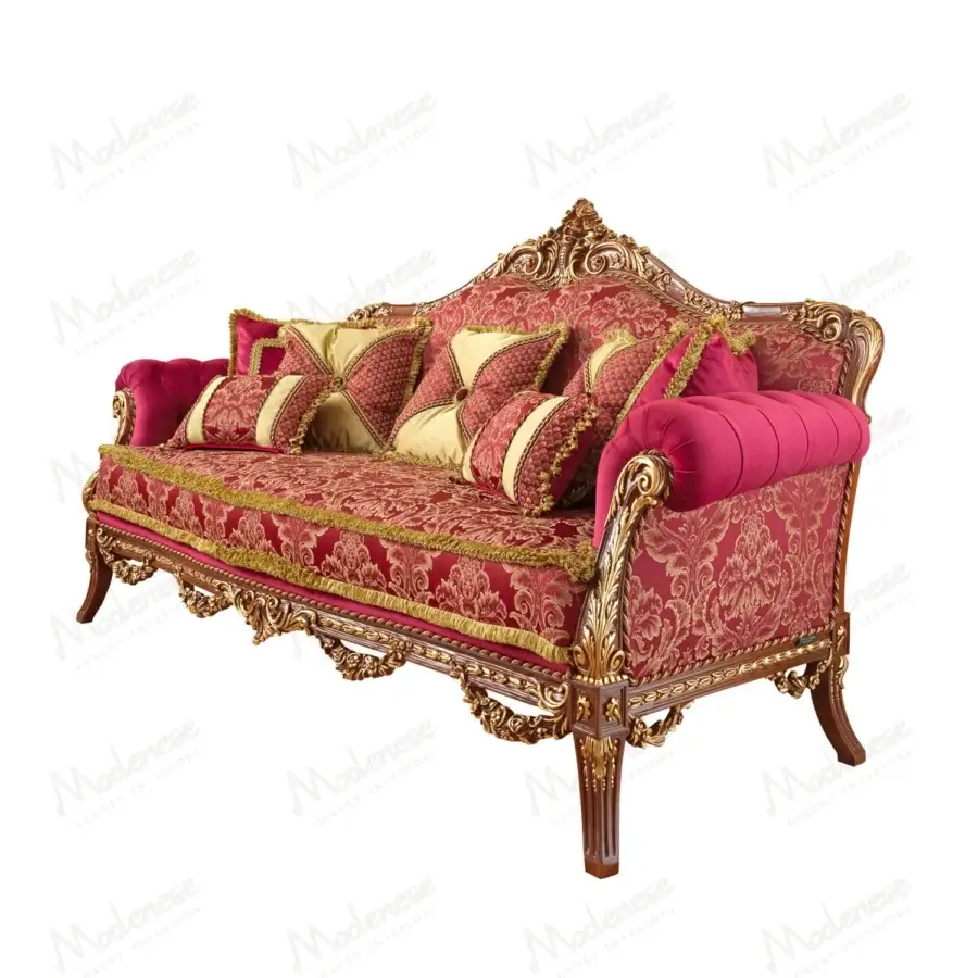Superior Modenese Rubino Delight sofa upholstered in ruby-red fabric with gold embroidery and gold leaf detailing