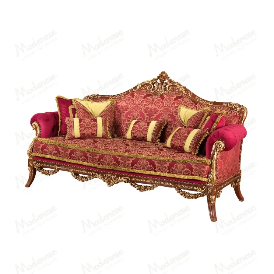 Lavish Modenese Rubino Delight sofa upholstered in ruby-red fabric with intricate gold embroidery and gold leaf detailing