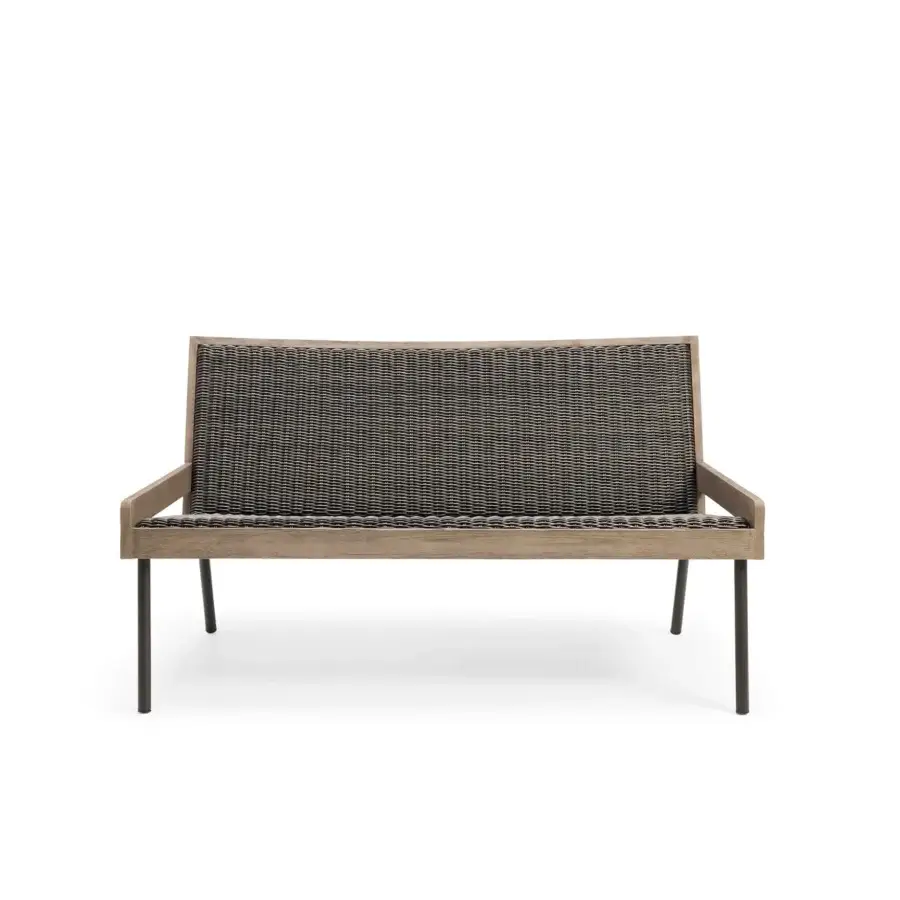 Architectural Ethimo Allaperto two-seater sofa crafted with textured wood and durable woven textile in dark charcoal gray
