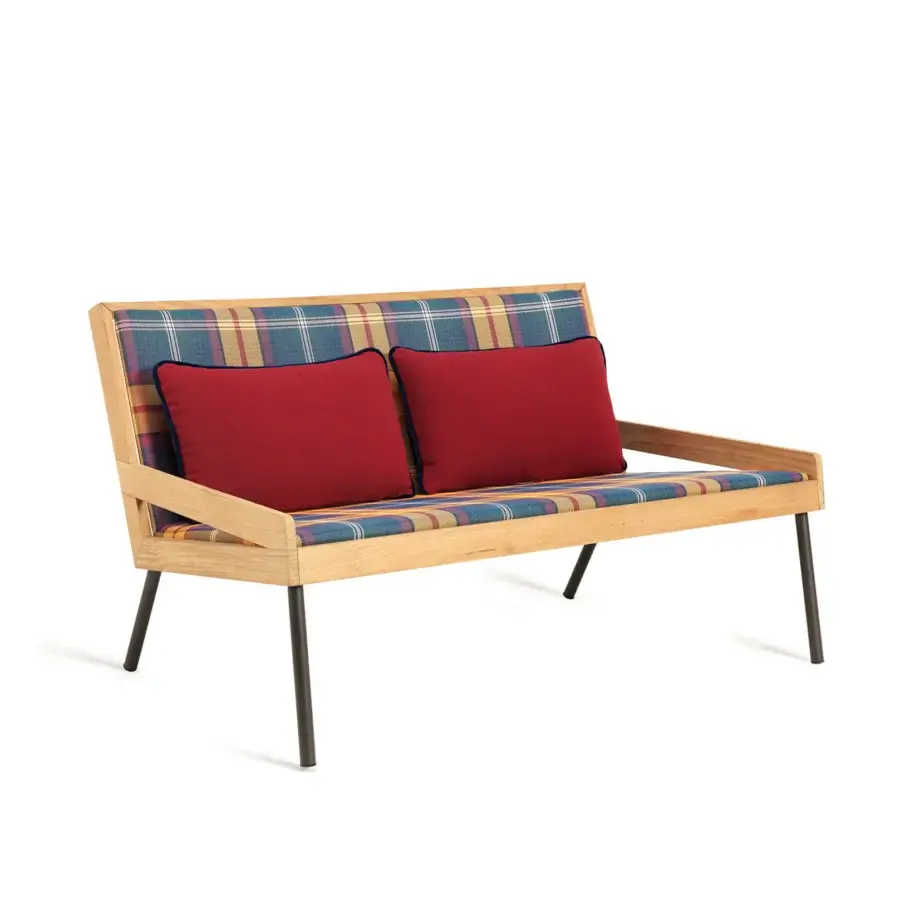 Distinguished Ethimo Allaperto two-seater sofa with light-toned wood frame, plaid textile backrest in blue, green, and beige, plus red cushions with blue trim