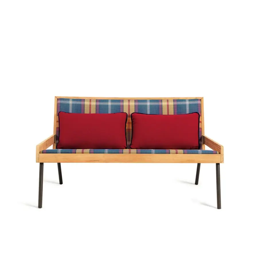Exceptional Ethimo Allaperto two-seater sofa with a satin light brown wooden frame and vibrant plaid textile cushions
