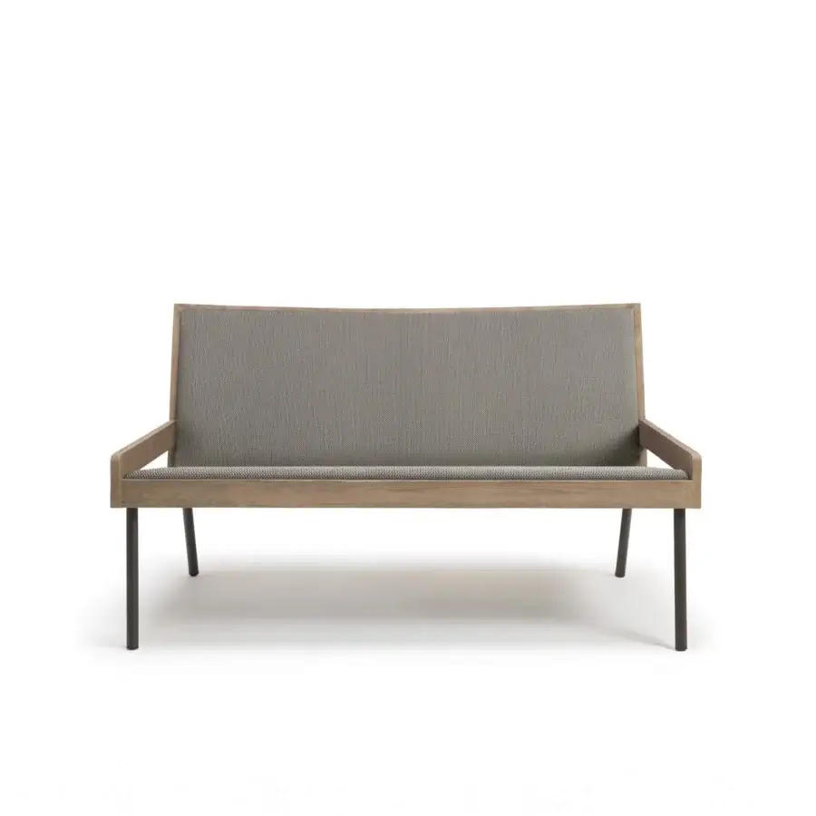 Sophisticated Ethimo Allaperto two-seater sofa crafted in Italy with matte wood and textured neutral gray textile upholstery