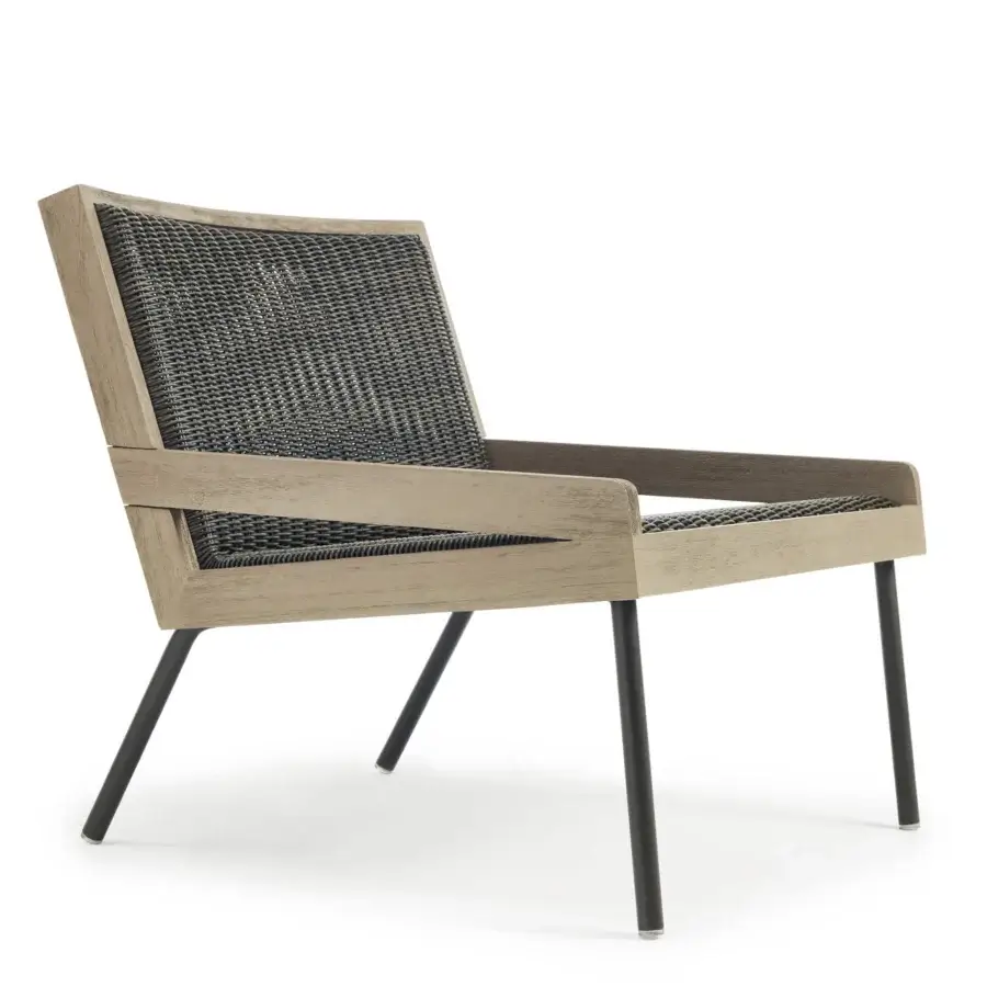 Exceptional Ethimo Allaperto two-seater sofa with light textured beige wood and dark gray woven textile construction