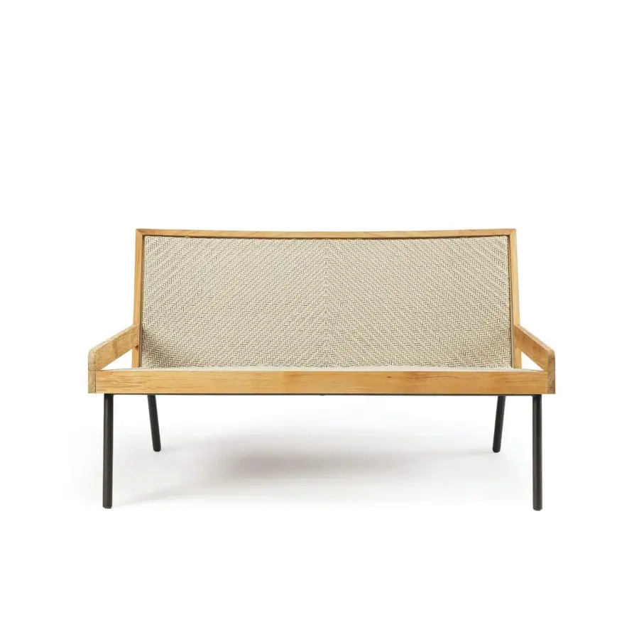 Sophisticated Ethimo Allaperto two-seater sofa with warm light brown wood and off-white woven textile with matte finish