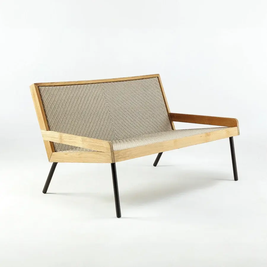 Architectural Ethimo Allaperto two-seater sofa crafted with light wood and textured beige woven textile in satin finish