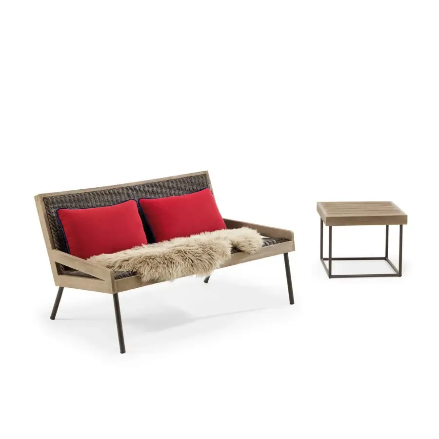 Exceptional Ethimo Allaperto two-seater sofa crafted with medium brown wood, woven synthetic and dark matte metal legs with red cushions
