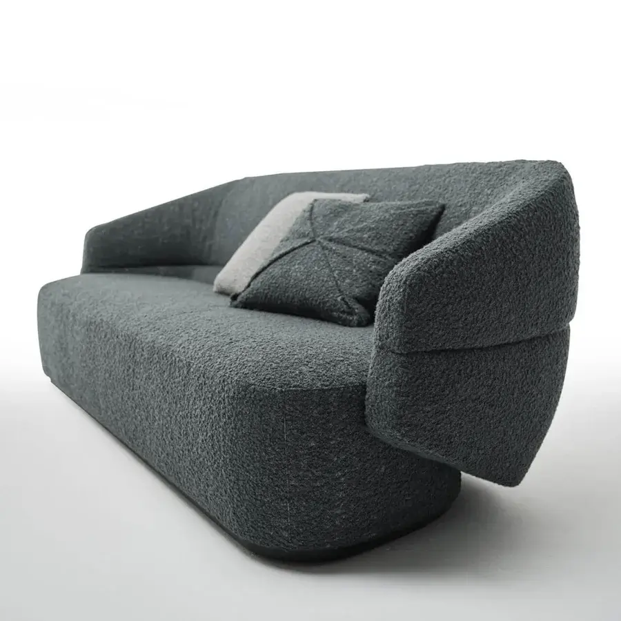 Exceptional Zanaboni Alma sofa crafted in textured dark gray textile with a matte finish and stained grey ash wood base
