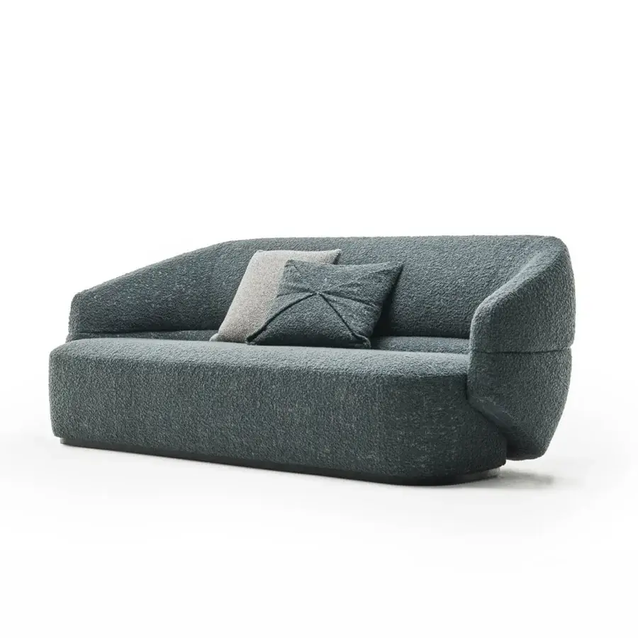 Distinguished Zanaboni Alma sofa crafted in grayish-blue bouclé-like textile with a refined grey stained ash wood base