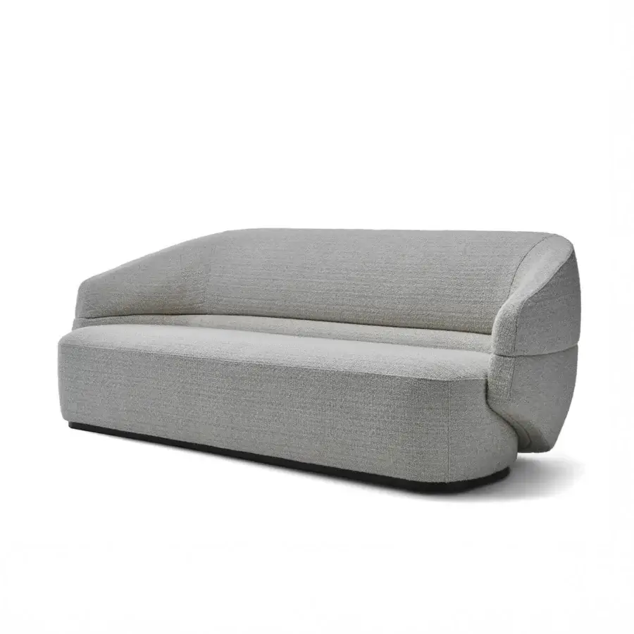 Elegant Zanaboni Alma sofa crafted in light neutral gray textile with a refined grey stained ash wood base