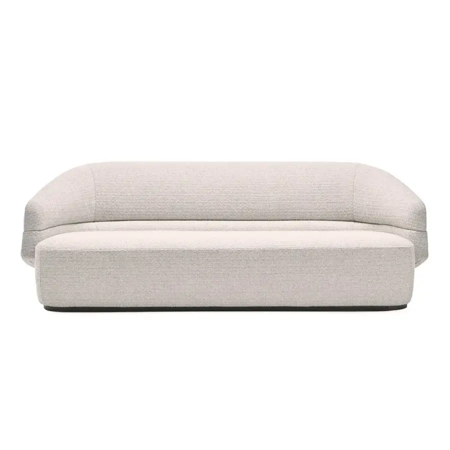 Distinguished Zanaboni Alma sofa crafted in light neutral beige textured upholstery with a stained grey ash wood base
