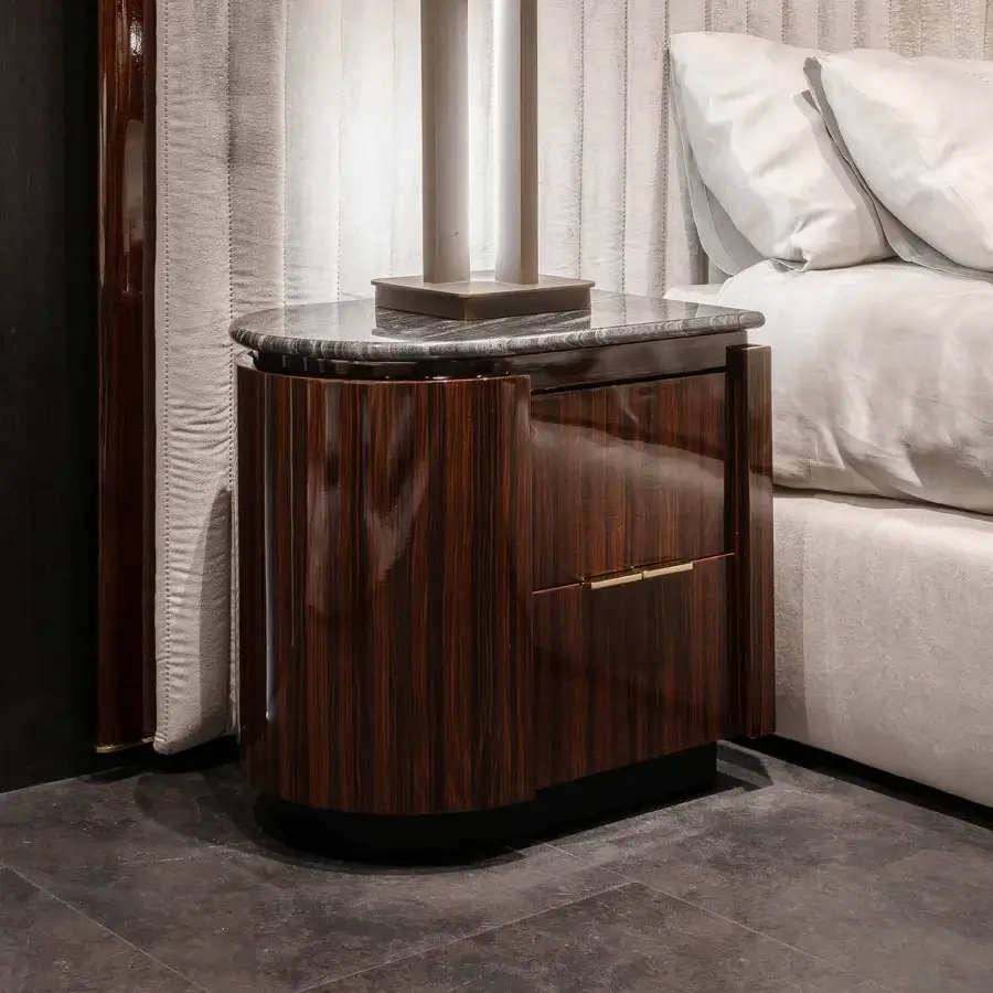 Stunning Zanaboni Bea nightstand crafted with striped glossy rosewood and a cool contrasting marble top with a black lacquered base