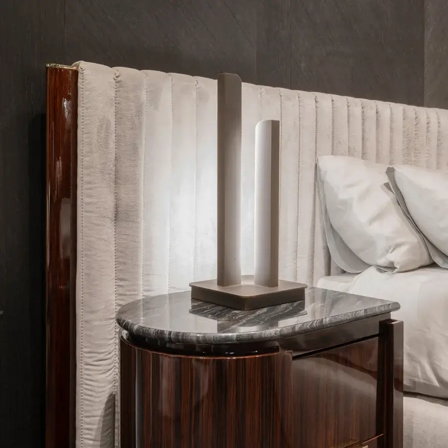 Exclusive Zanaboni Bea nightstand crafted with striped glossy rosewood and cool marble, finished with a gold-toned metallic pull