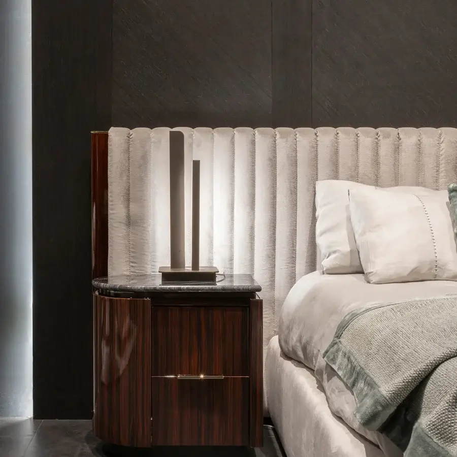 Distinguished Zanaboni Bea nightstand built with striped glossy rosewood and cool contrasting marble top with a black lacquered base