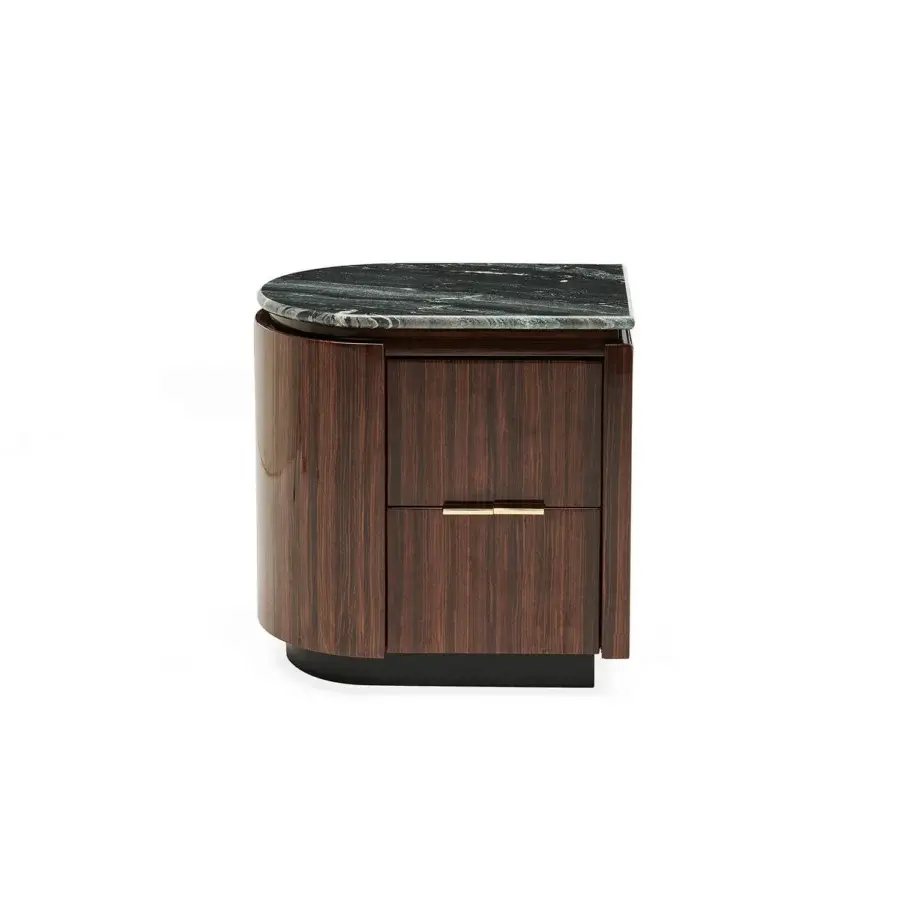 Exceptional Zanaboni Bea nightstand crafted with striped glossy rosewood and cool marble exhibiting green veining