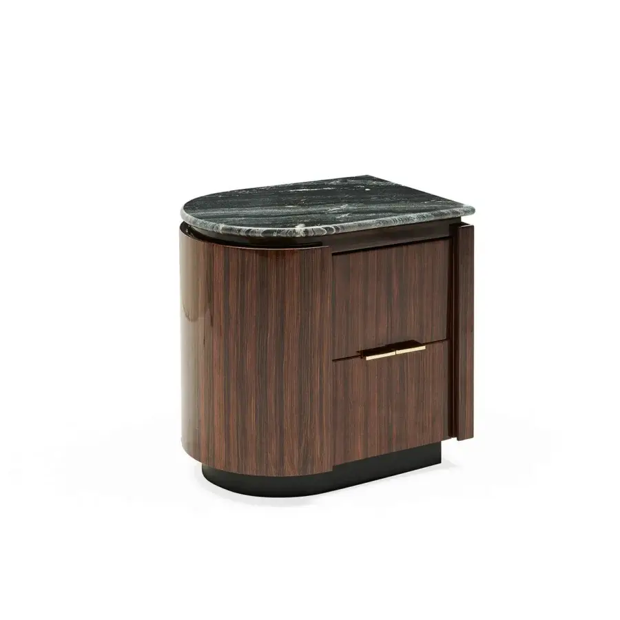 Superior Zanaboni Bea nightstand crafted with striped glossy rosewood and cool marble displaying green veining