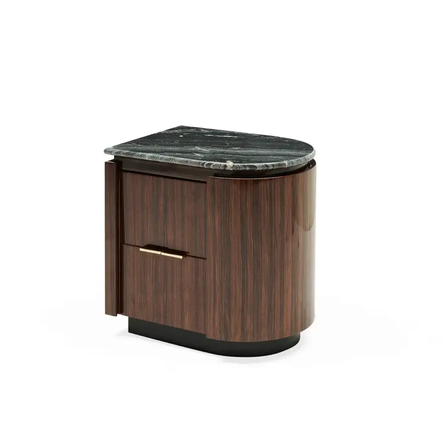 Distinctive Zanaboni Bea nightstand crafted with striped glossy rosewood and cool green and gray veined marble with a matte black lacquered base