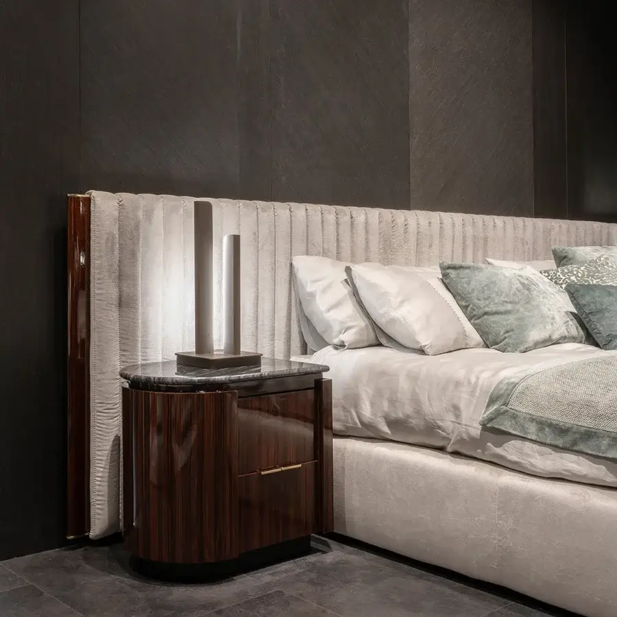 Elegant Zanaboni Bea nightstand crafted with striped glossy rosewood and precious marble top with a black lacquered base