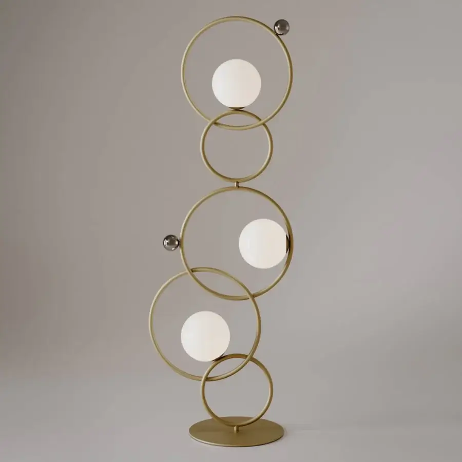 Exceptional VENICEM Zoe floor lamp with intersecting rings and Murano blown glass diffusers in light burnished brass