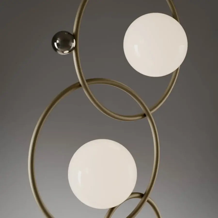 Superior VENICEM Zoe floor lamp with intersecting rings in light burnished brass and luminous Murano blown glass diffusers