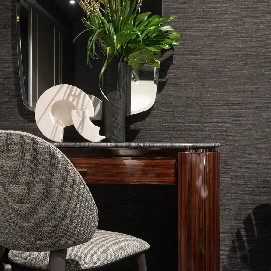 Luxury Zanaboni Bea dresser built with striped glossy rosewood and a cool marble top with a black lacquered base