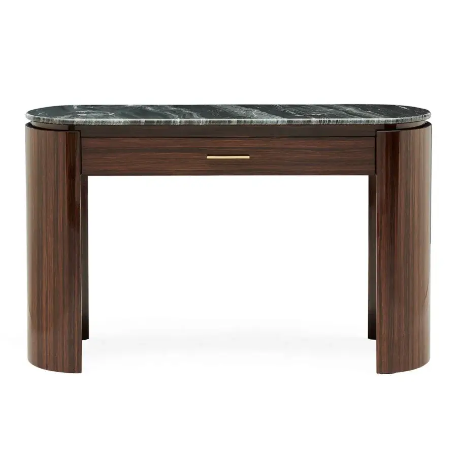 Superior Zanaboni Bea dresser crafted with striped glossy rosewood and dark green marble, finished with a black lacquered base