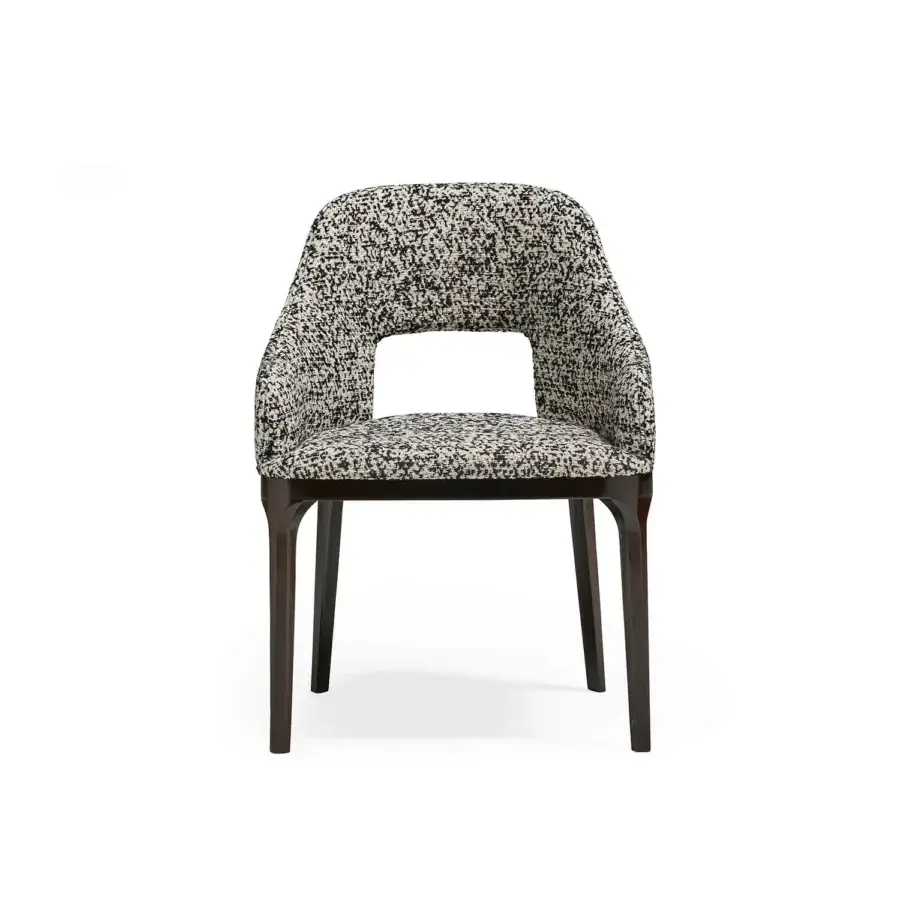 Distinguished Zanaboni Addison armchair in black and off-white speckled textile with walnut-stained ash wood base