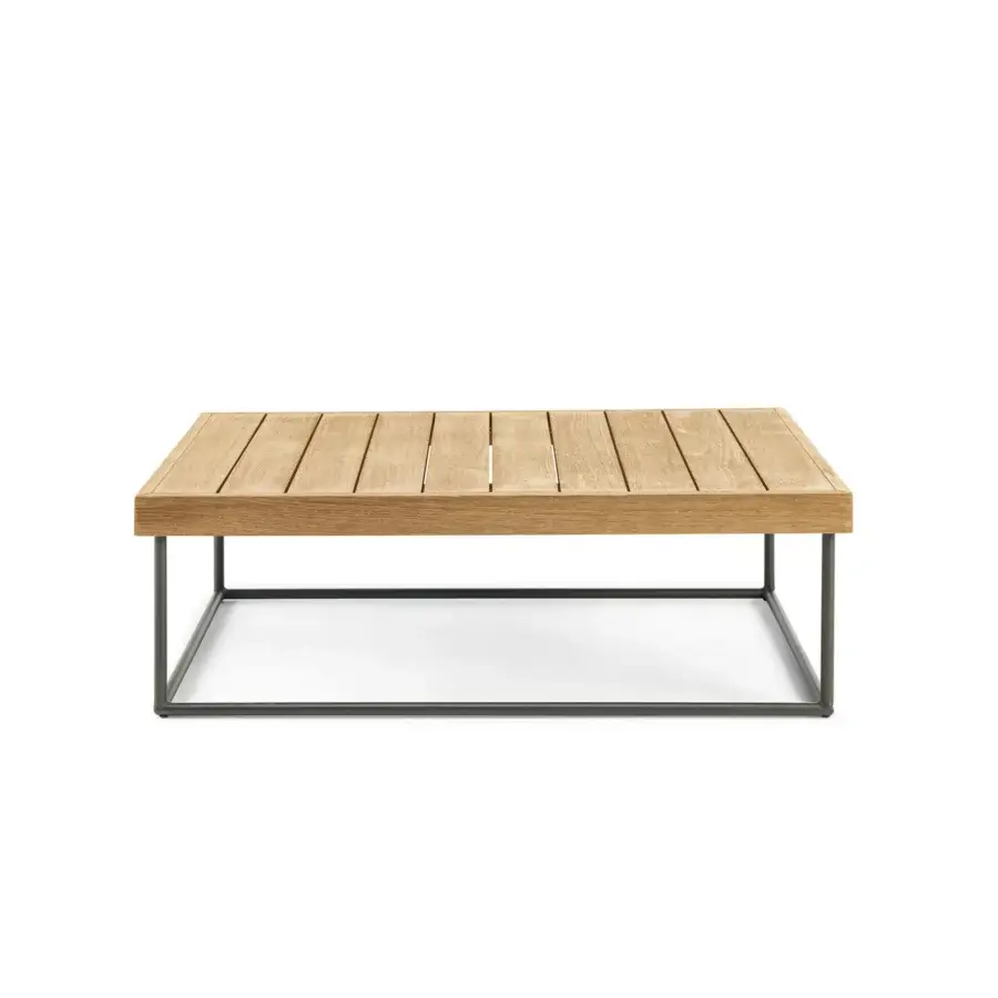 Distinguished Ethimo Allaperto coffee table with medium-brown wood slats and a sleek dark gray metal base crafted in Italy