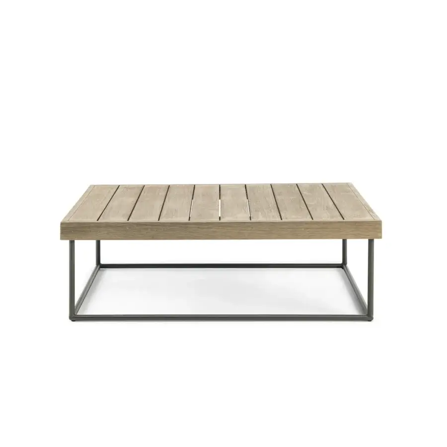 Refined Ethimo Allaperto coffee table crafted in Italy with light beige-grey slatted wood and a dark matte metal base