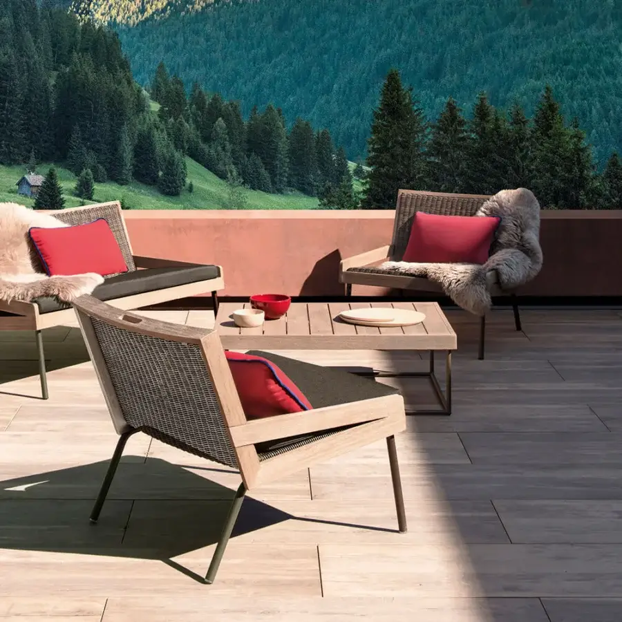 Architectural Ethimo Allaperto coffee table in satin wood with clean lines and a medium-toned brown hue crafted in Italy
