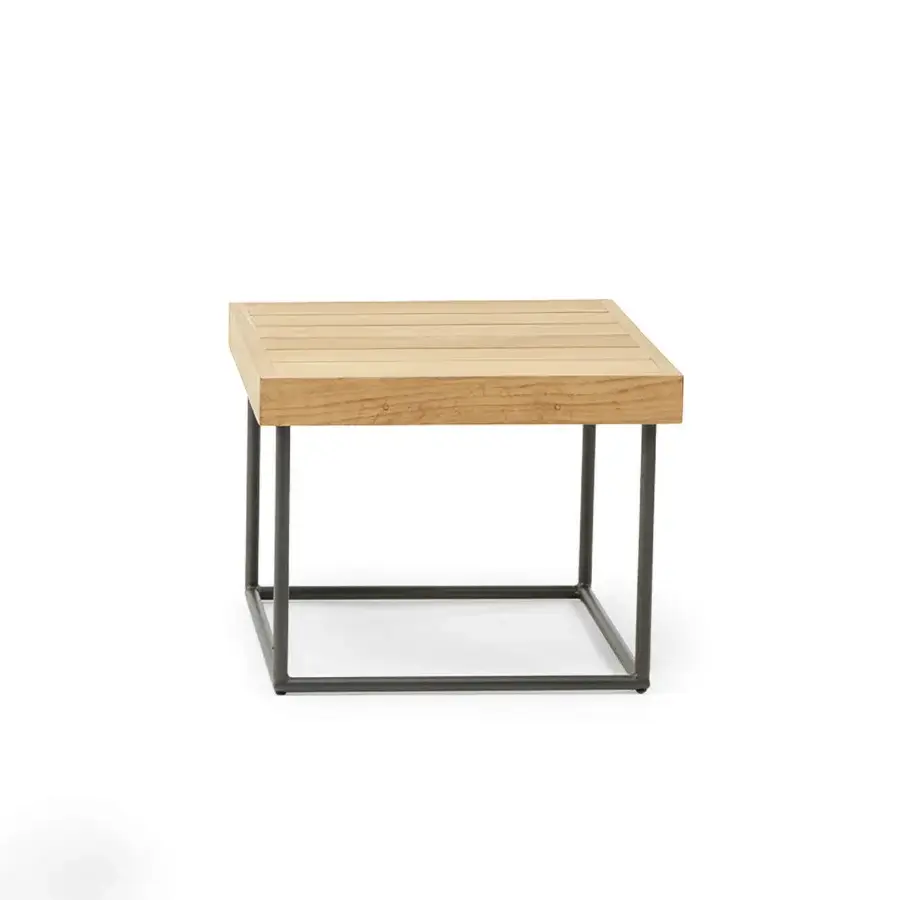 Harmonious Ethimo Allaperto coffee table in light to medium brown wood slats with a matte dark-toned metal base and satin finish