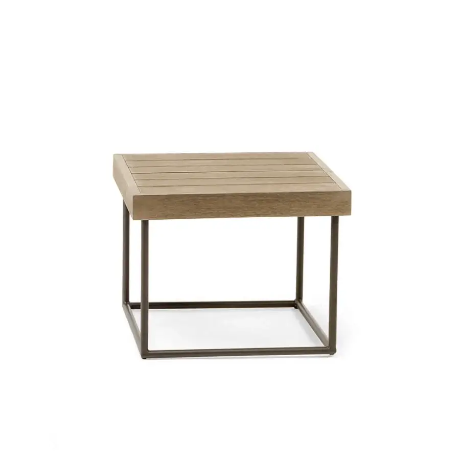 Distinguished Ethimo Allaperto coffee table with a light brown slatted wooden tabletop and dark charcoal metal base in matte finish
