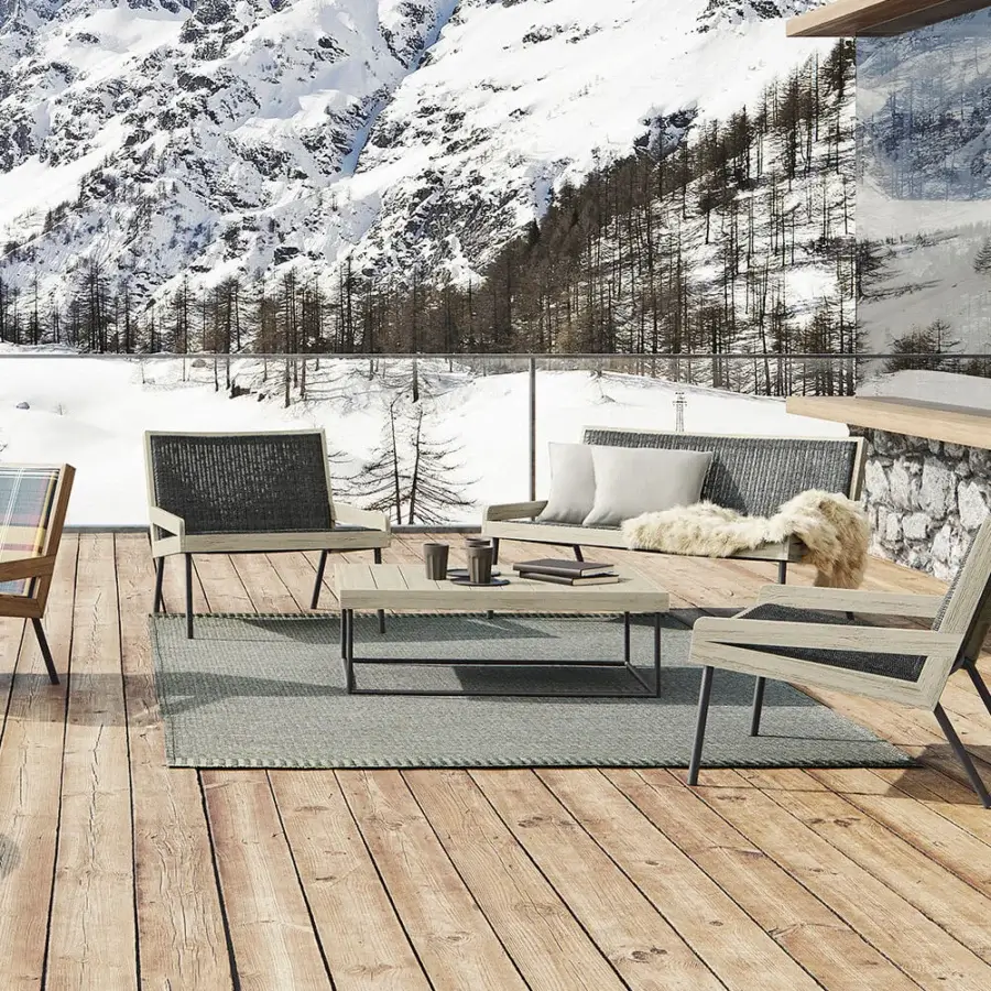 Refined Ethimo Allaperto coffee table with a light wood tabletop and matte black metal base crafted in Italy