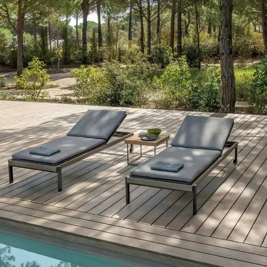 Superior Ethimo Allaperto coffee table with a satin-finish wood tabletop and dark gray matte metal frame crafted in Italy