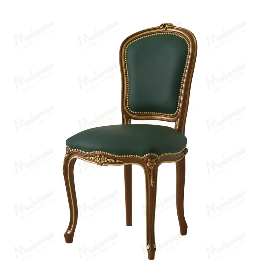 Lavish Modenese Royal Blend chair with plush deep green leather upholstery and walnut finish crafted in Italy