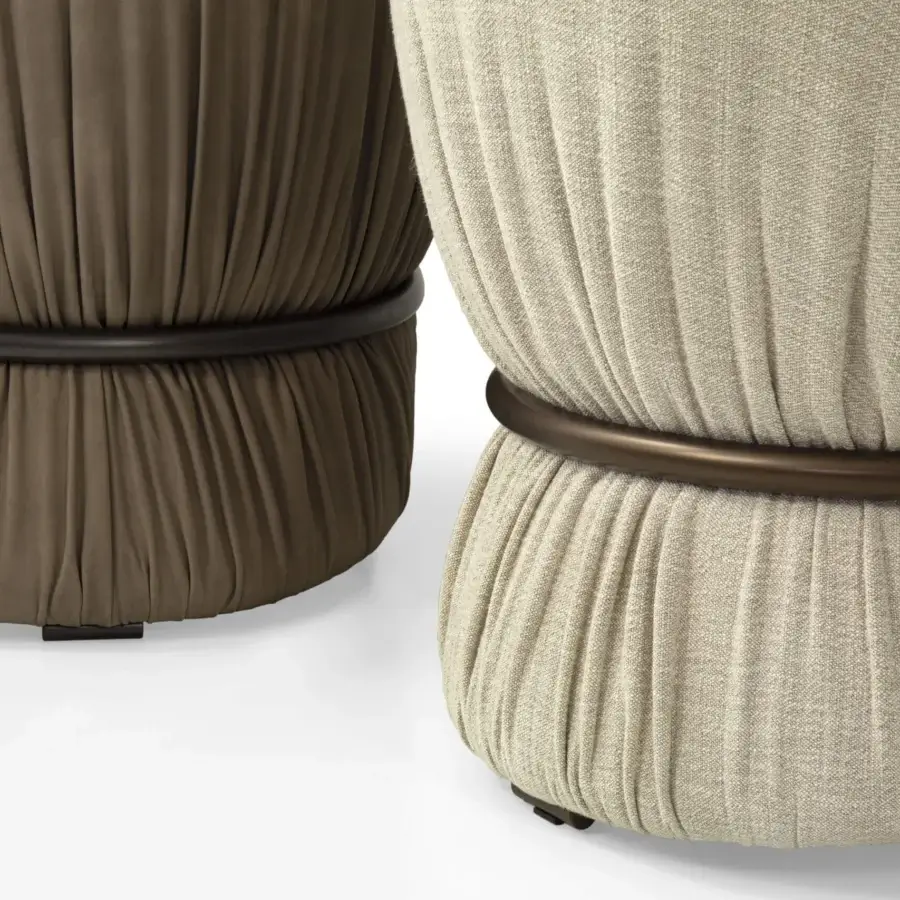 Elegant Borzalino Sidney armchair with textured olive-brown textile upholstery and dark bronze-finished metal accents