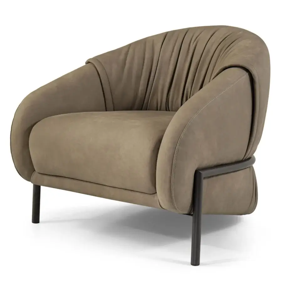 Distinguished Borzalino Sidney armchair in muted taupe textured textile with a sleek dark metal base crafted in Italy