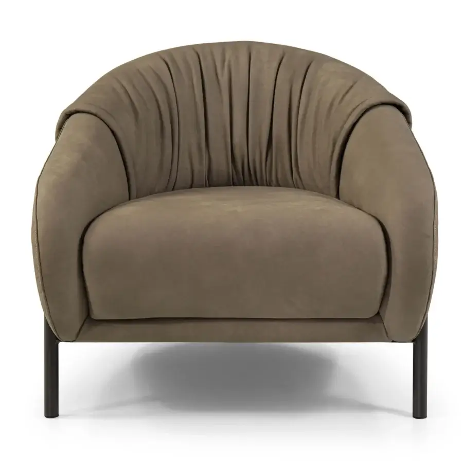 Superior Borzalino Sidney armchair in subtly textured woven olive-brown fabric with a dark-finished metal base