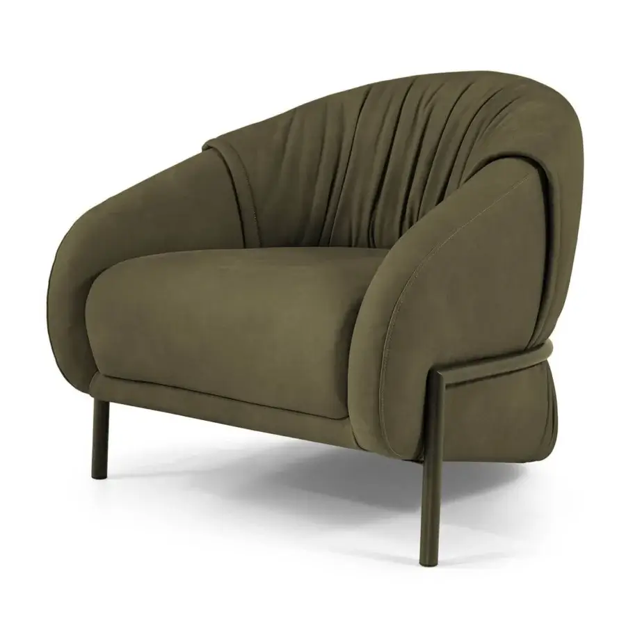 Exceptional Borzalino Sidney armchair in matte olive green textile with a blackened metal frame