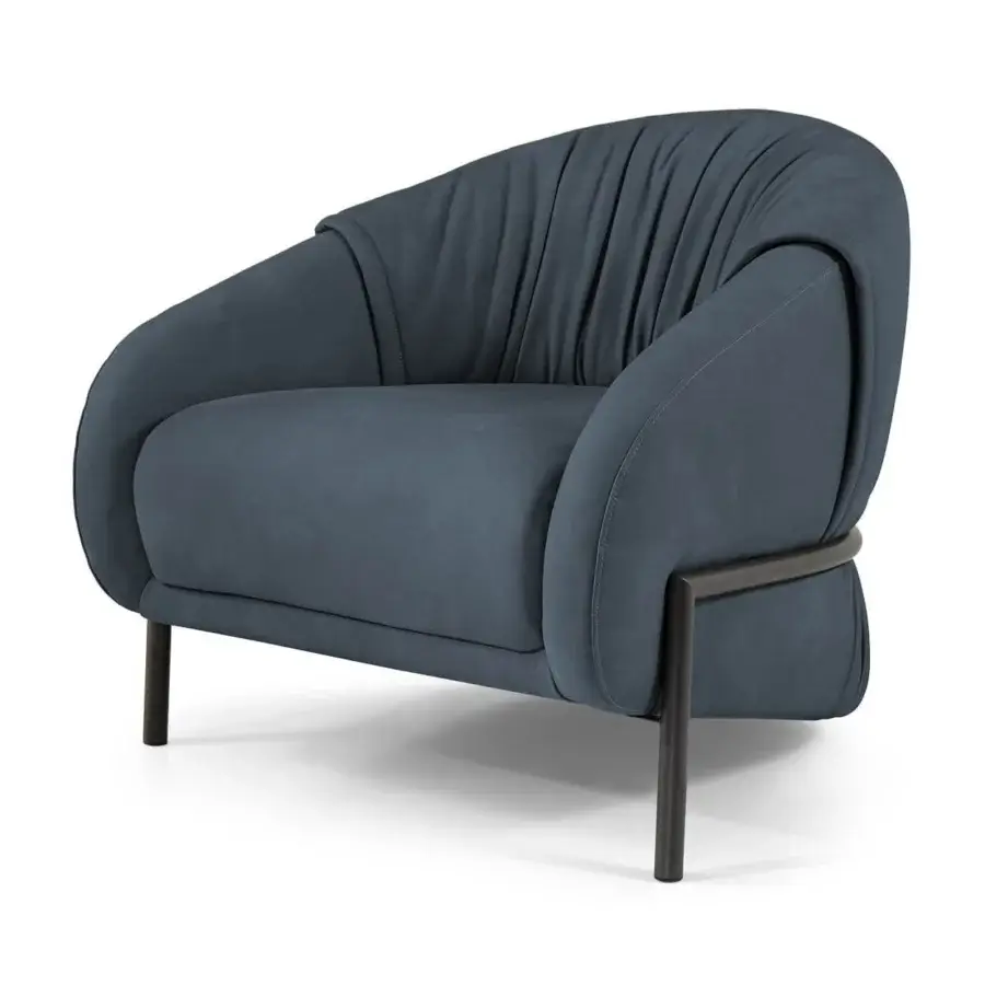 Distinguished Borzalino Sidney armchair in muted blue-gray plush textile with a dark metal base and curved armrests crafted in Italy