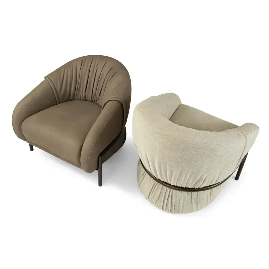 Sophisticated Borzalino Sidney armchair in muted olive-brown textile with matte dark-toned metal legs