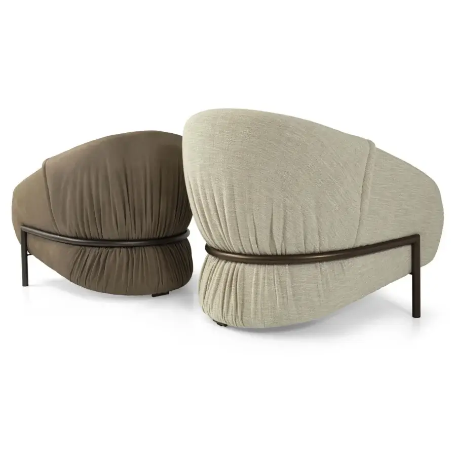 Elegant Borzalino Sidney armchair in textured olive-brown textile with dark metal band detail encircling its base