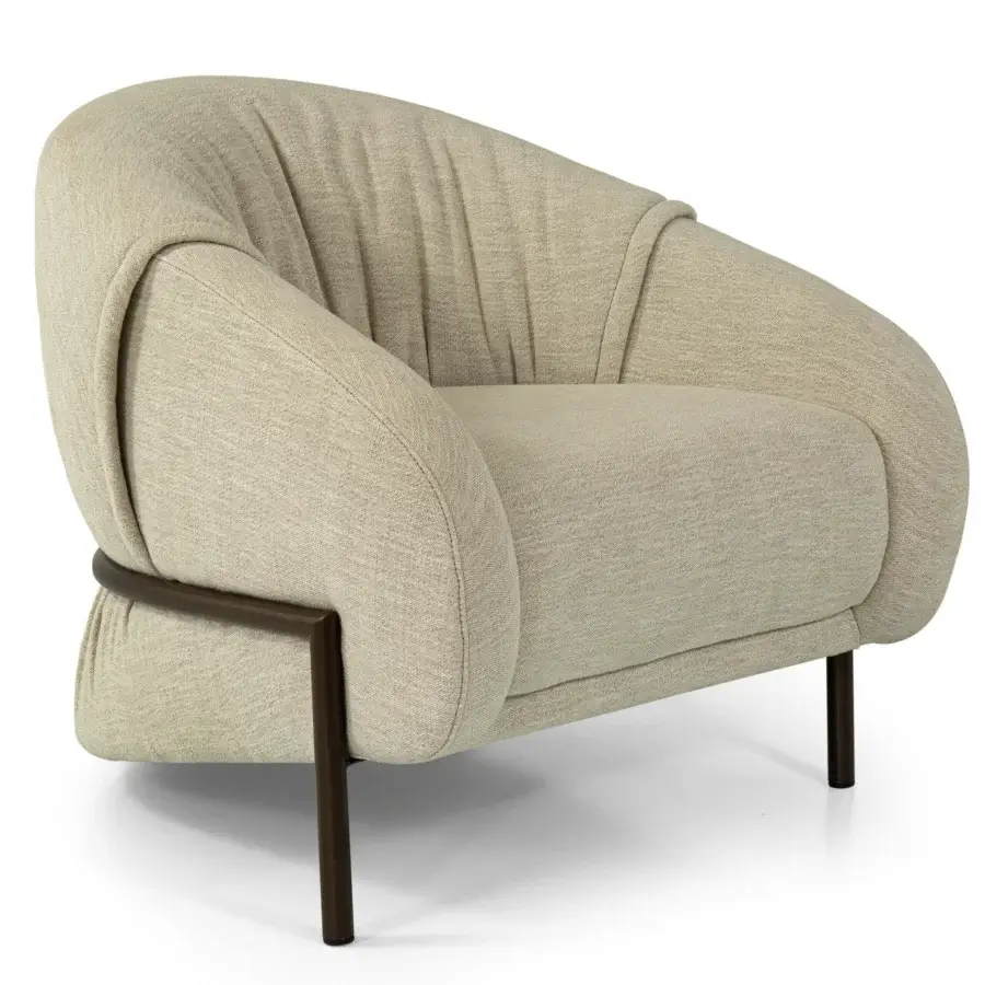 Superior Borzalino Sidney armchair in muted beige textured textile with sleek dark-toned metal frame